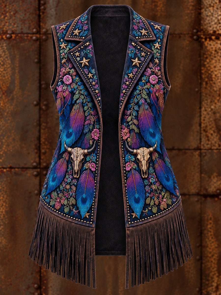 Women's Western Art Print Sleeveless Fringe Jacket